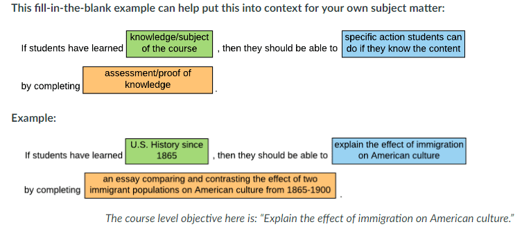 This fill in the blank example can help put this into context for your own subject matter: If students have learned [knowledge/subject of the course], then the should be able to [specific action students can do if they know the content] by completing [assessment/proof of knowledge]. Example: If students have learned US History since 1865, then they should be able to explain the effect of immigration on American culture by completing an essay comparing and contrasting the effect of two immigrant populations on American culture from 1865-1900.