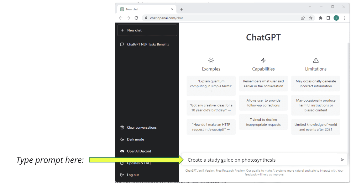 When ChatGPT is open, type the prompt into the text bar at the bottom of the screen. Hit enter to send the prompt. For example, you could type: “Create a study guide on photosynthesis.”